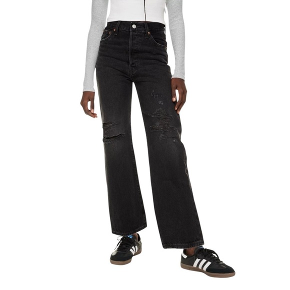 Levi's Women's Ribcage Black Destructed Straight Ankle Jeans- Size 27 - Picture 1 of 16